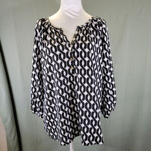 Mud Pie Navy Blue White Blouse Tunic V-neck Gold Buttons Size Medium